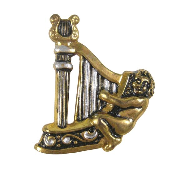 Harp Lyre Figure Brooch 1.2 In Pin Toledo Damascene STYLE Goldtone VTG Spain - Picture 1 of 5